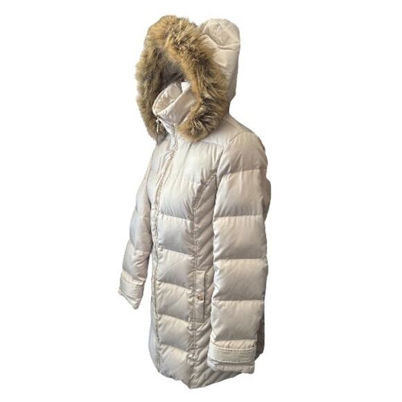 Kenneth Cole Cream Down Puffer Coat Faux Fur Trim Hood M - Picture 4 of 10